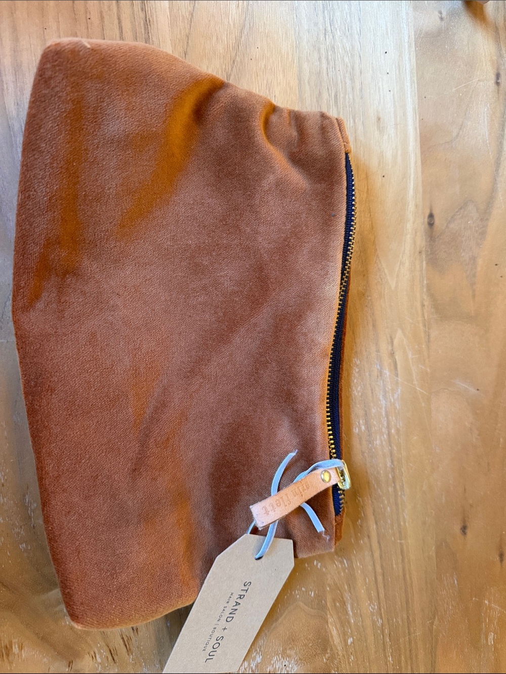 Velvet pouch in tan. 10 x 6